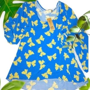 NWT☆Plus Size Blue Yellow Polka Dot Ribbon Blouse☆Gorgeous & 🎀 Unique 1X
